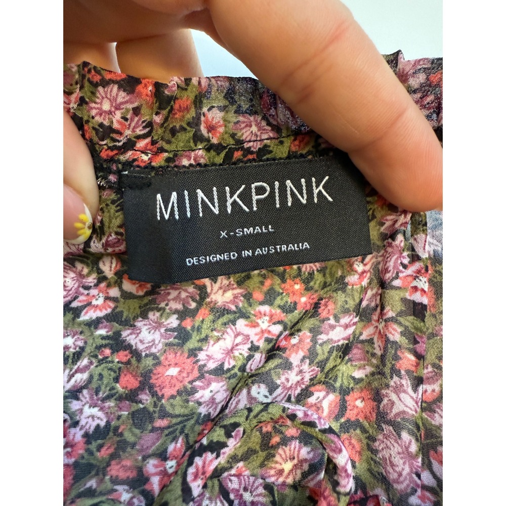 MINKPINK Floral Chiffon Blouse Sheer Long Sleeve Tie Neck Cottagecore XS - Picture 6 of 7